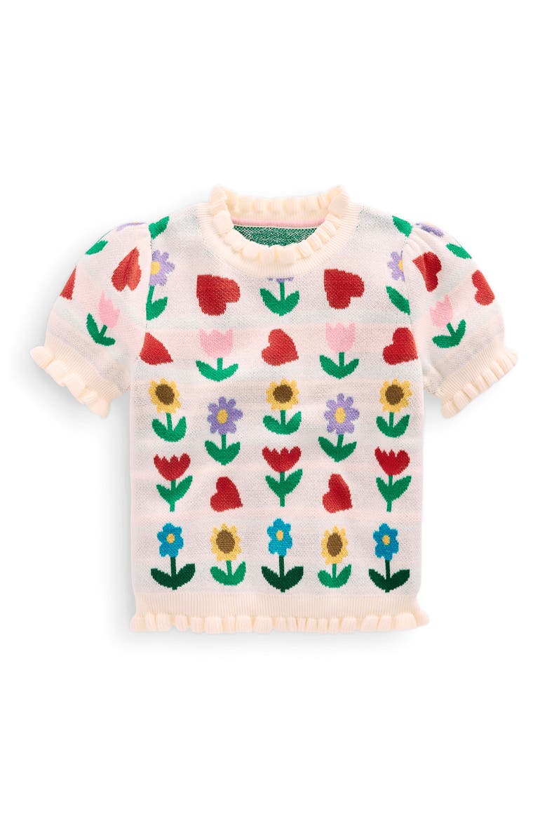 Kids' Floral Jacquard Short Sleeve Cotton Sweater, Main, color, ECRU MARL SUNFLOWER GARDEN