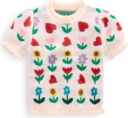 Mini Boden Kids' Floral Jacquard Short Sleeve Cotton Sweater