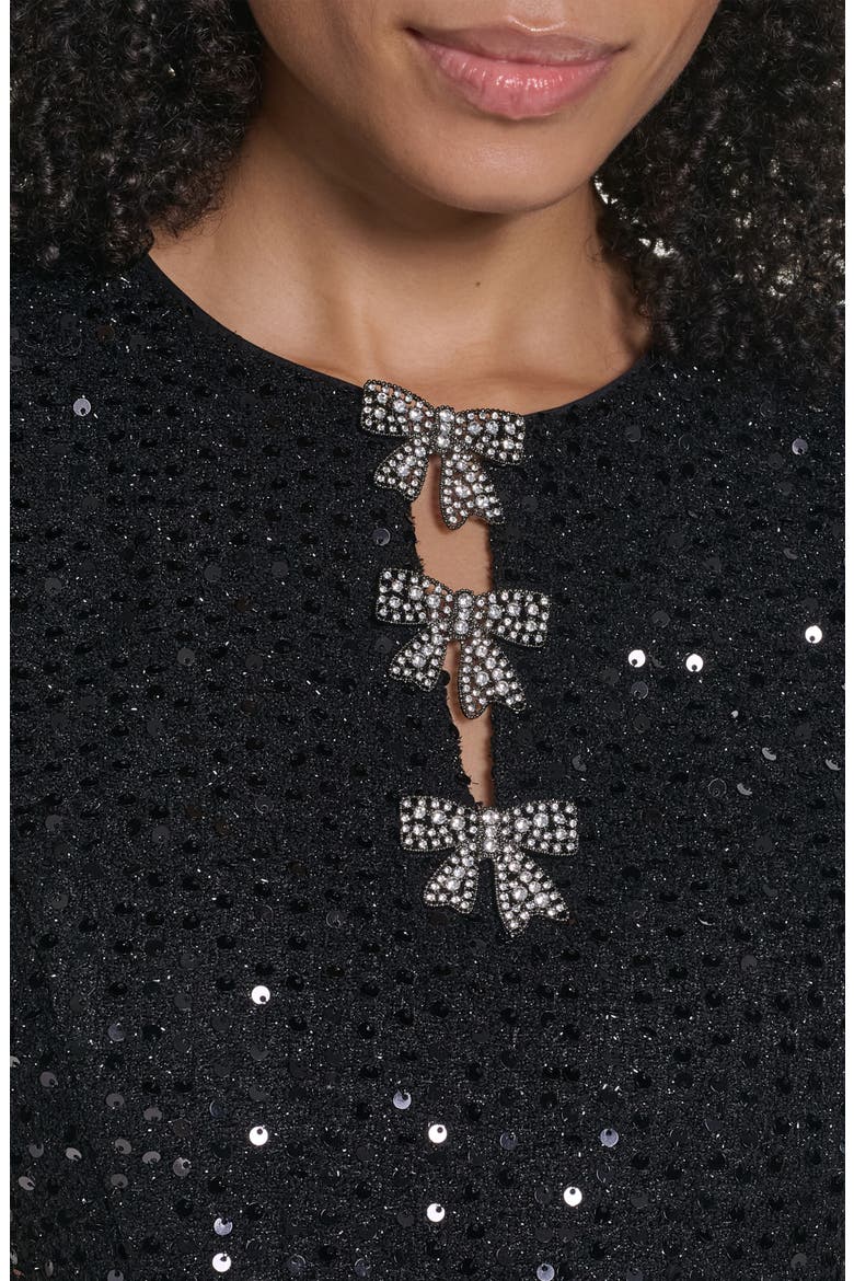 Bow Detail Sequin Tweed A-Line Minidress, Alternate, color, BLACK