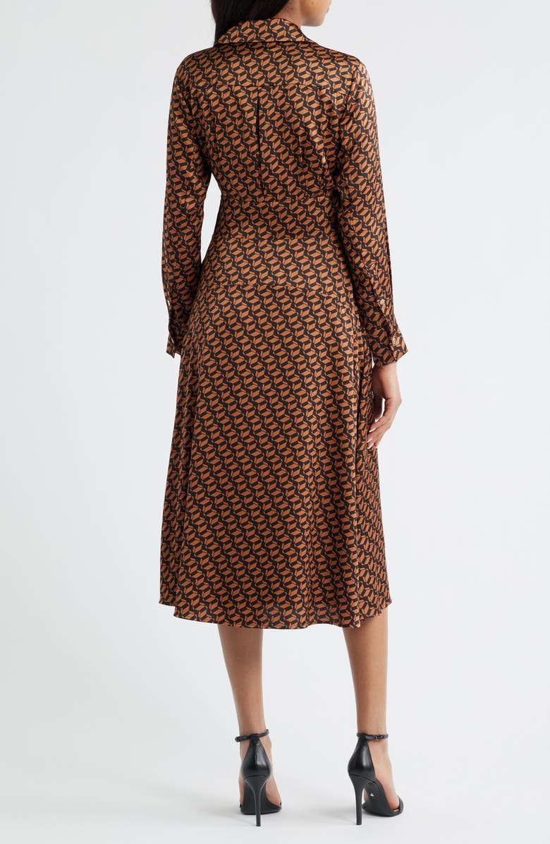 Tahari ASL Printed Long Sleeve Faux Wrap Matte Satin Shirtdress, Alternate, color, Tawny Chocolate