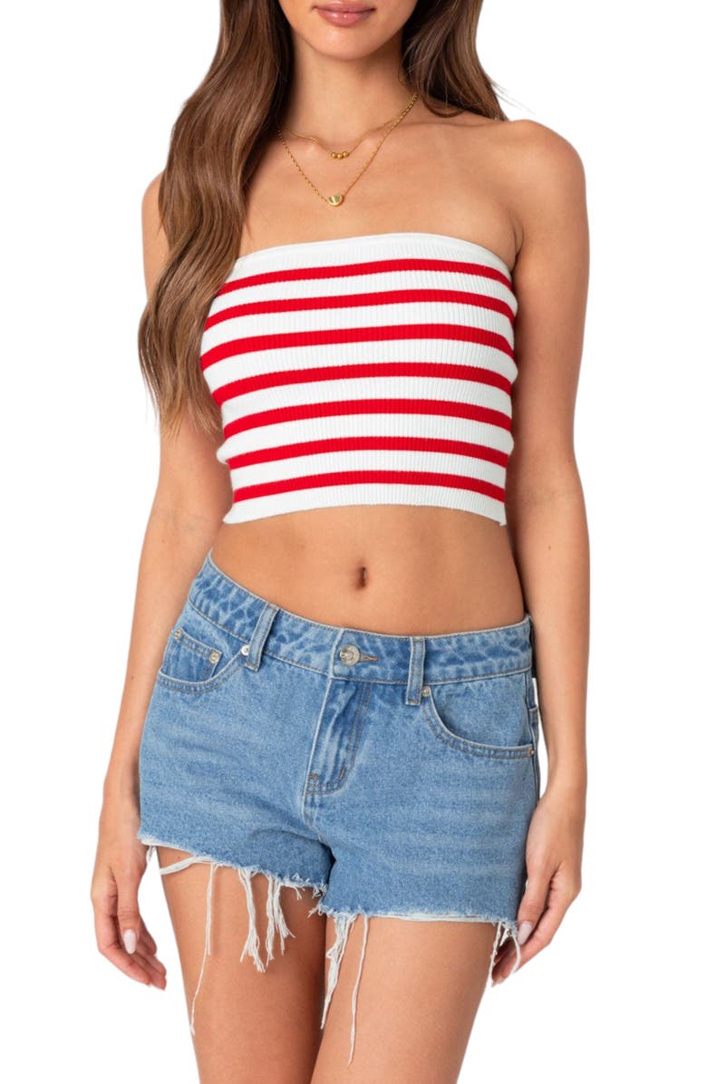 EDIKTED Lexi Stripe Rib Tube Top, Main, color, Red
