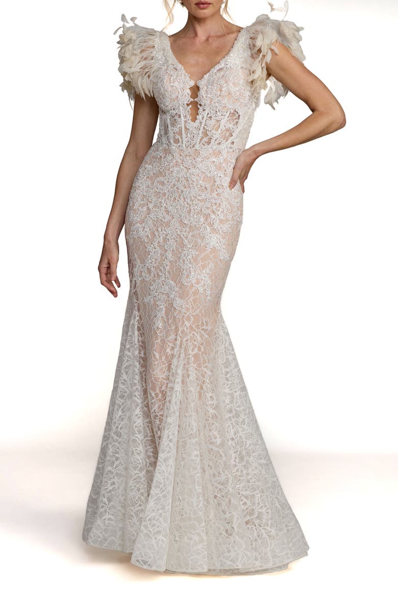 Feather Detail Embellished Mermaid Gown, Main, color, Ivory Nude