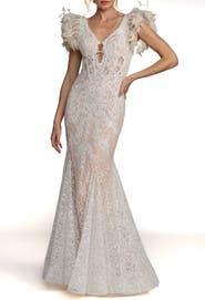 Mac Duggal Feather Detail Embellished Mermaid Gown