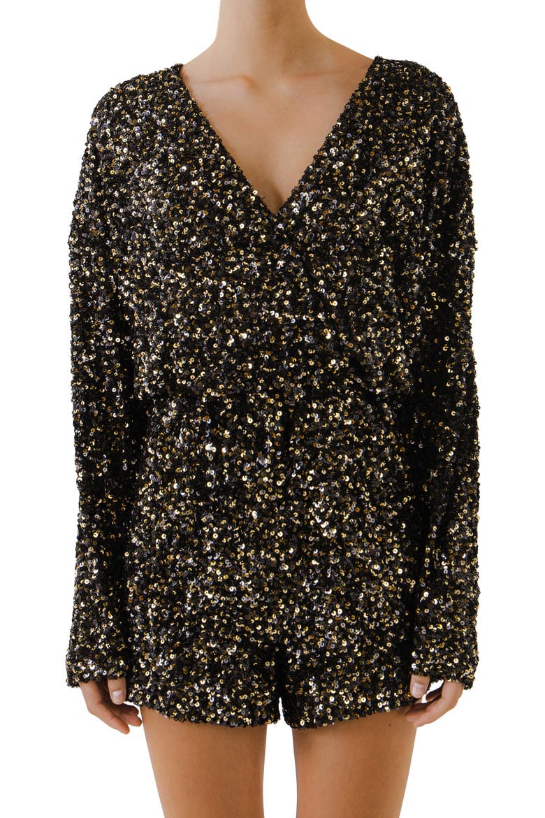 2D Sequin Faux Wrap Romper, Main, color, BLACKGOLD