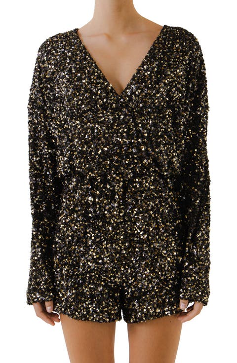 2D Sequin Faux Wrap Romper