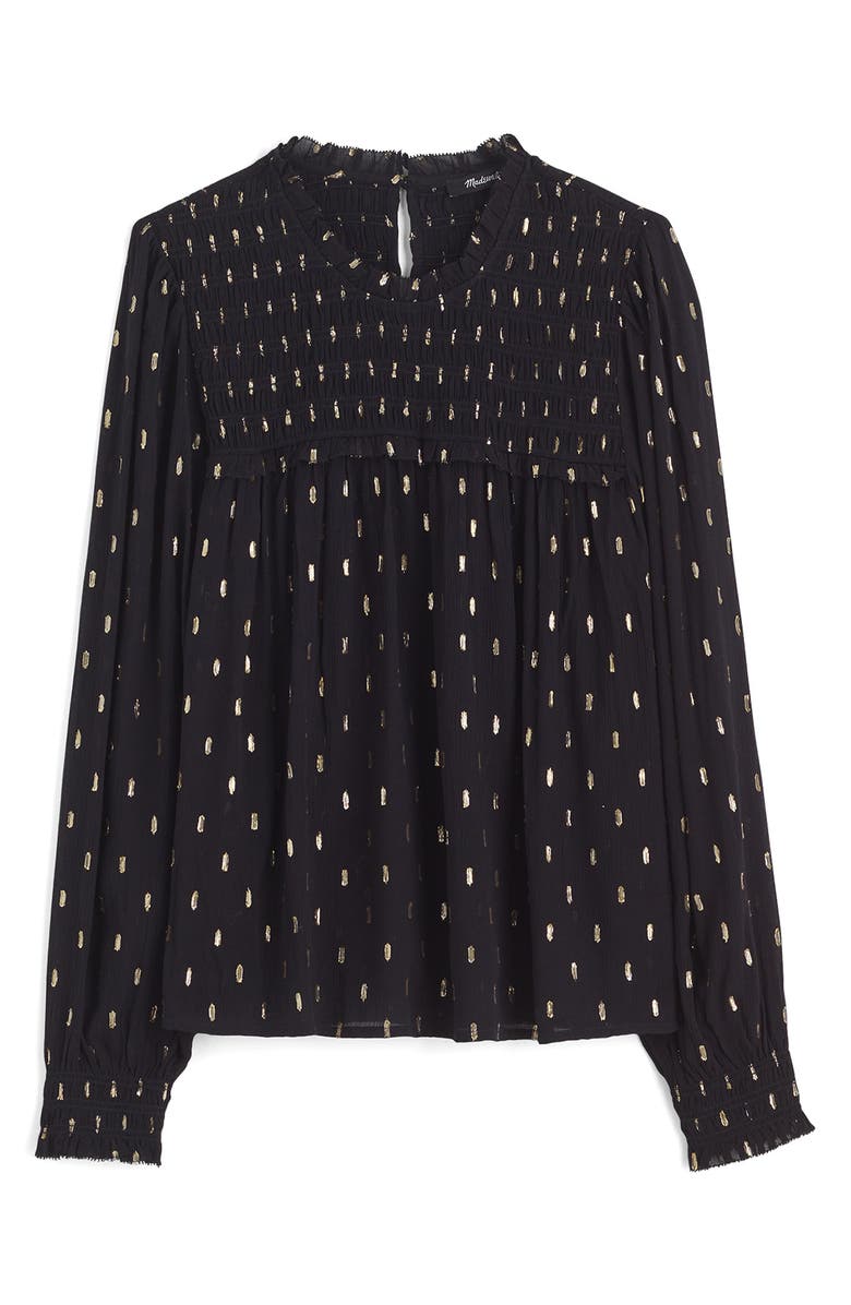 Madewell Smocked High Neck Long-Sleeve Top, Alternate, color, Crinkle Ecovero Lurex