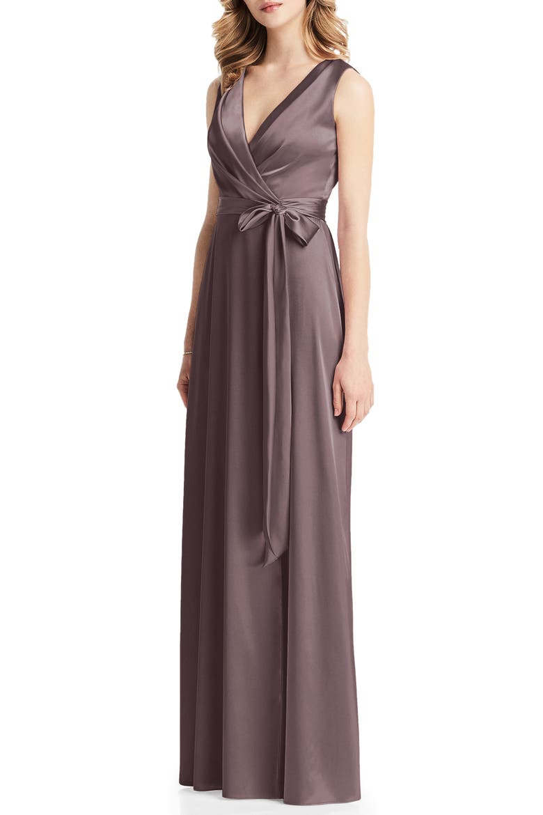 Stretch Charmeuse Wrap Gown, Main, color, FRENCH TRUFFLE