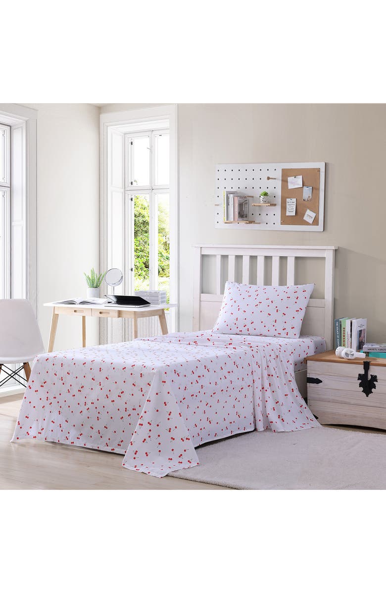 POPPY AND FRITZ Cherry Print 200 Thread Count Cotton Percale Sheet Set, Alternate, color, Red