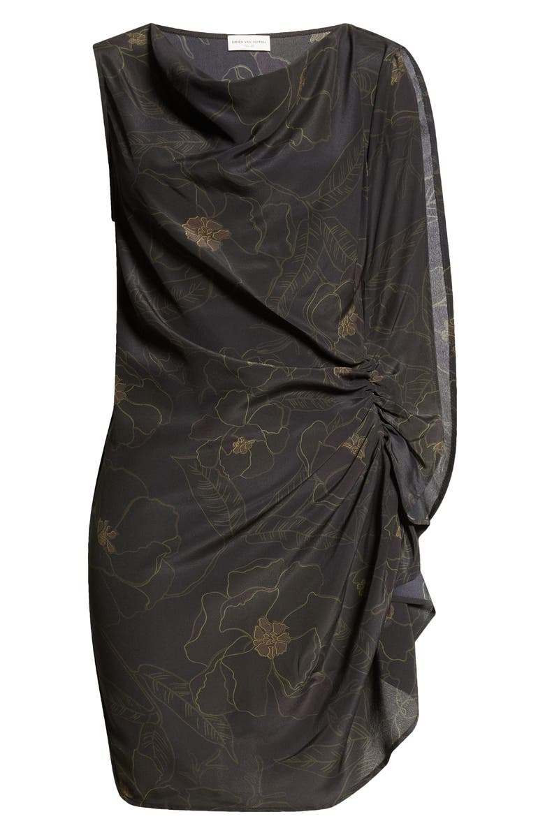 Dries Van Noten Floral Asymmetric Ruched Cascade Ruffle Sleeveless Silk Top, Alternate, color,