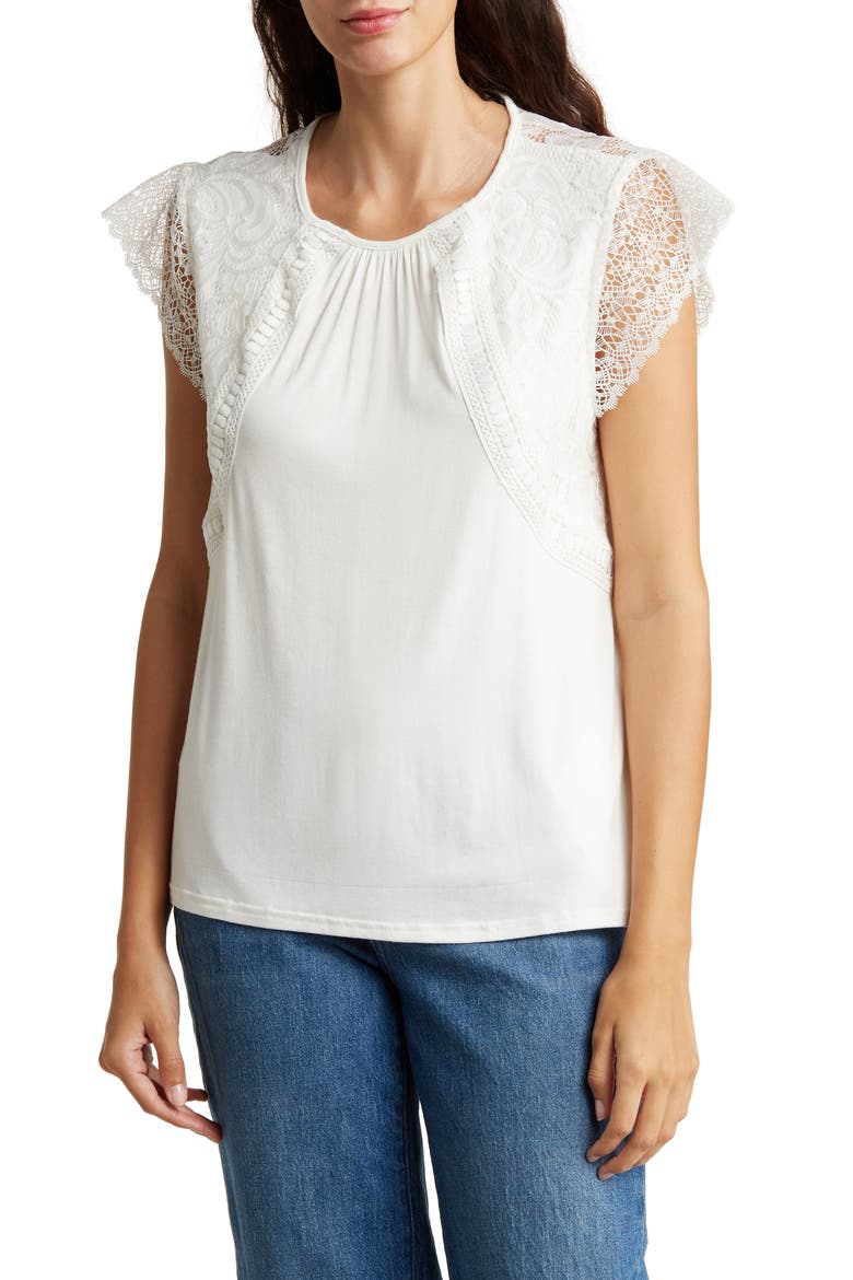 Lace Cap Sleeve Mixed Media Top, Main, color, WHITE