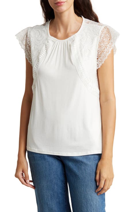 Lace Cap Sleeve Mixed Media Top