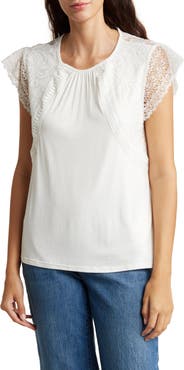 Forgotten Grace Lace Cap Sleeve Mixed Media Top