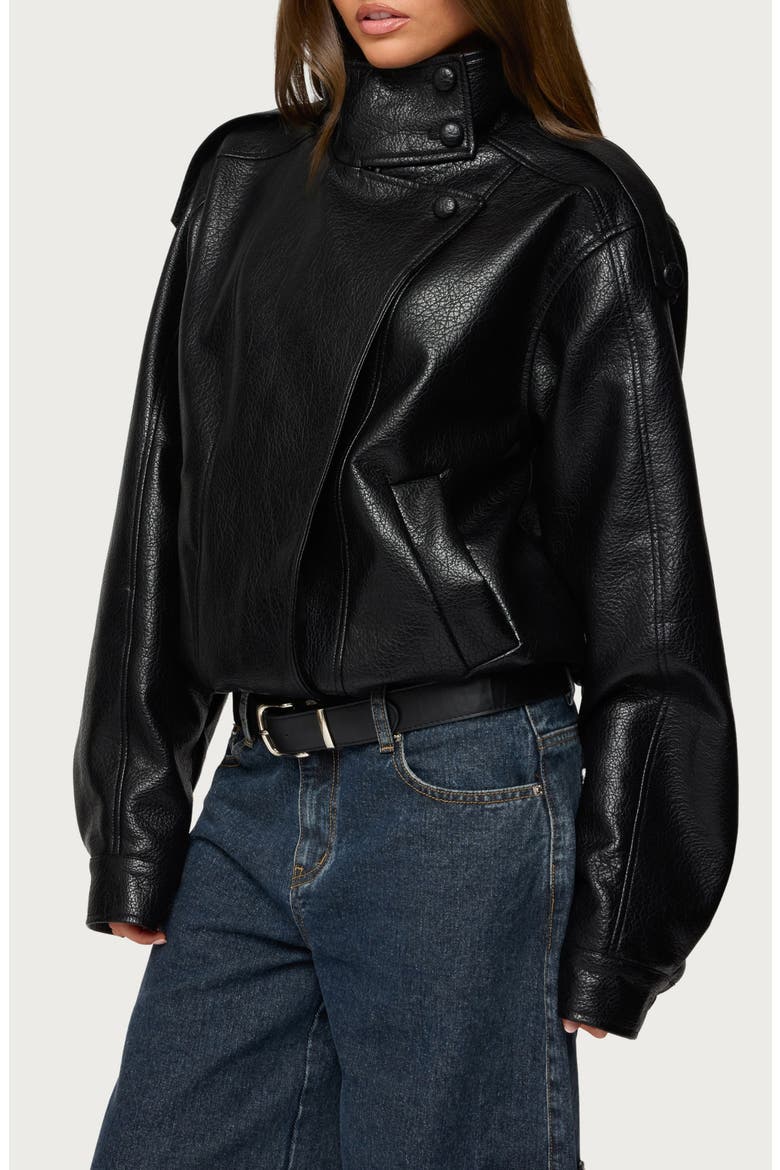 Jaicee Stand Collar Faux Leather Jacket, Alternate, color, BLACK