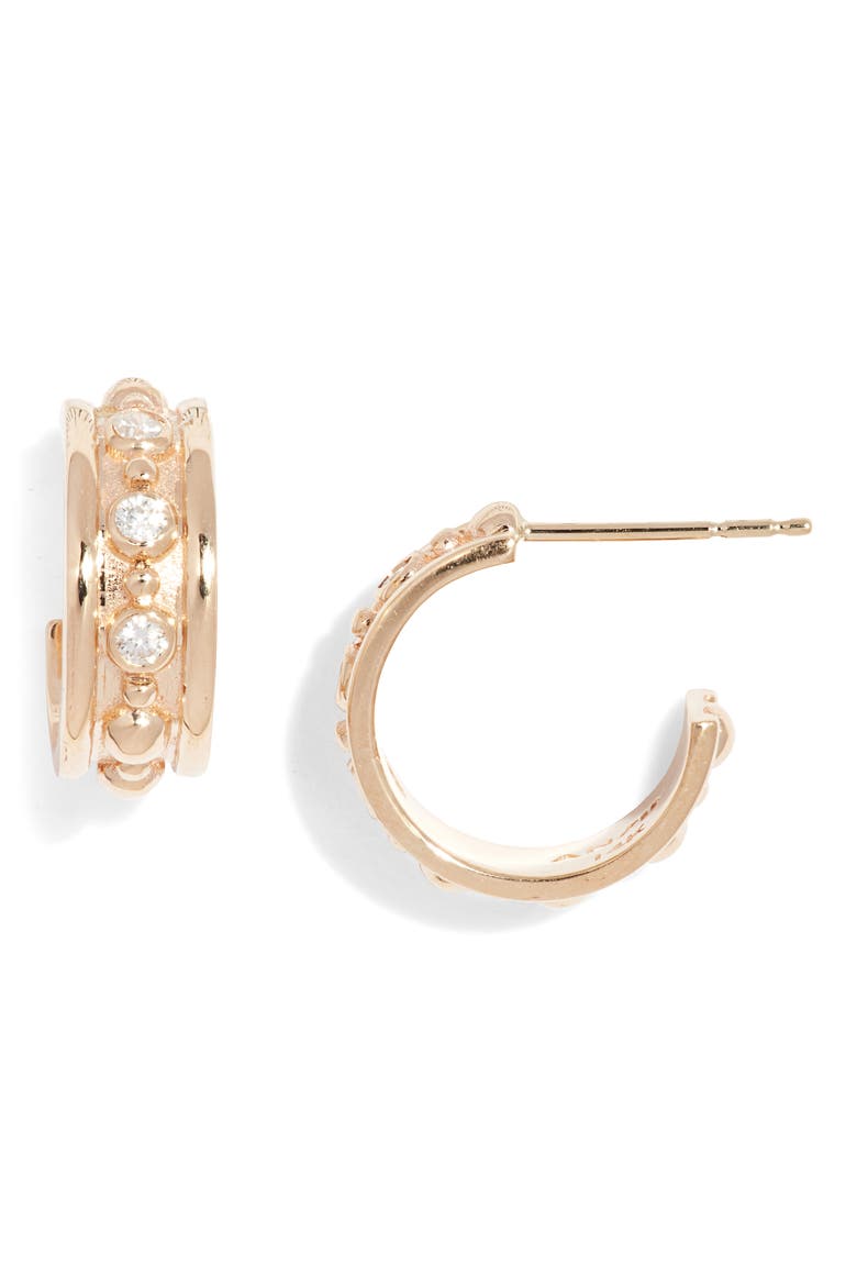Dew Drop Marine Huggie Hoop Earrings, Main, color, GOLD/ DIAMOND