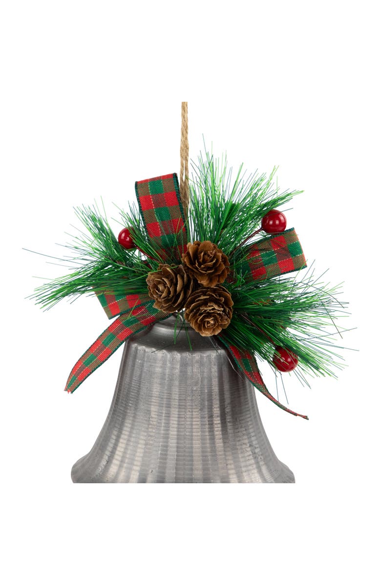 Northlight Bells with Pine Sprigs and Plaid Bow Christmas Ornaments - 7" - Silver - Set of 2, Alternate, color, Silver