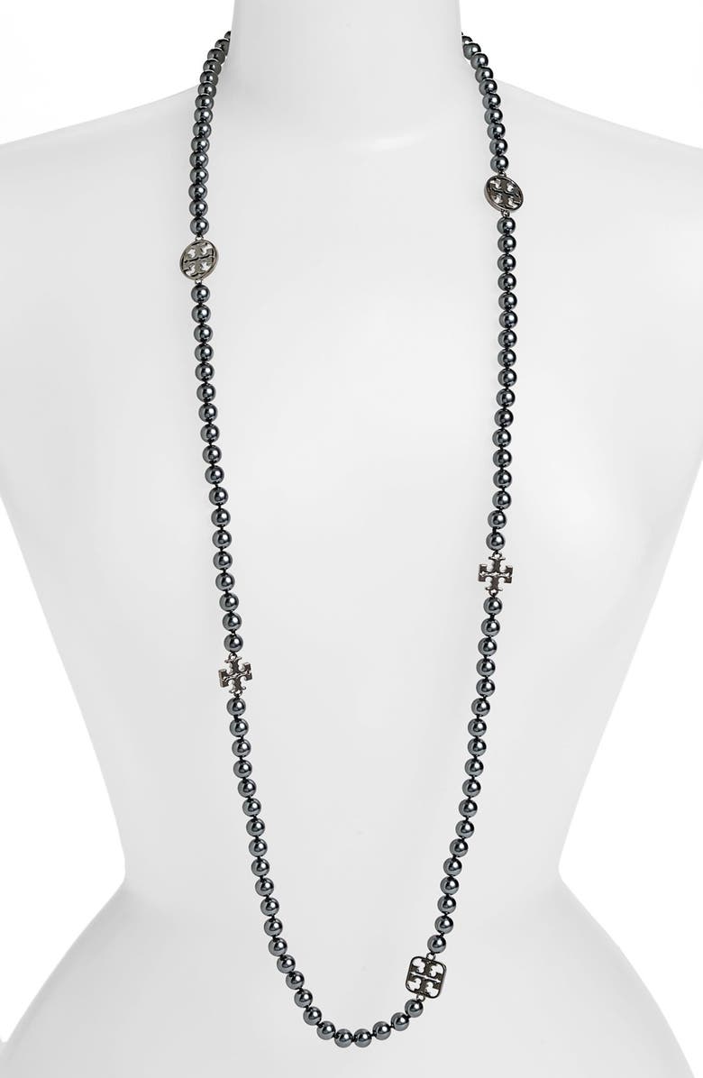 Tory Burch 'Evie' Logo & Glass Pearl Necklace, Main, color, 