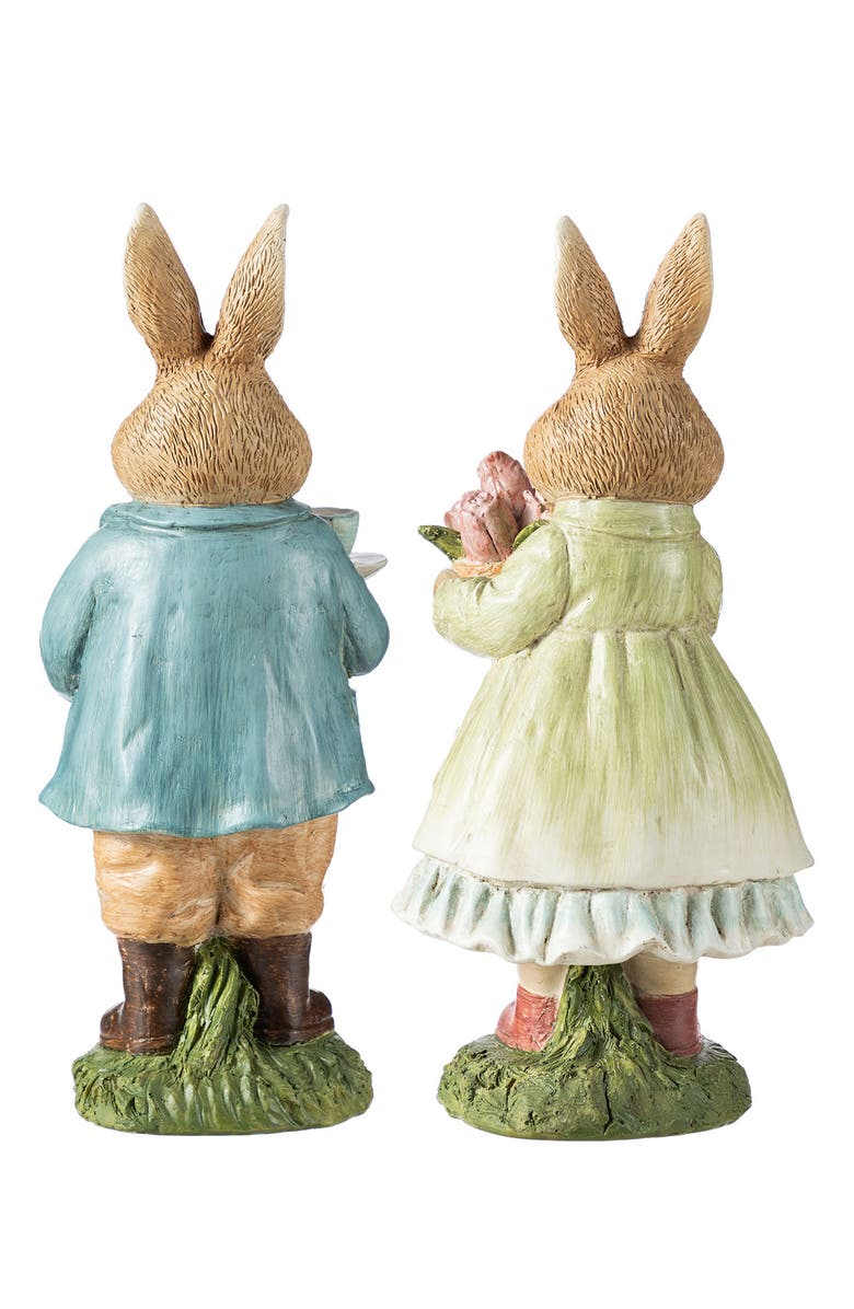 Glitzhome Easter Resin Bunny Couple Table Decor with Coffee and Tulips, Alternate, color, Brown