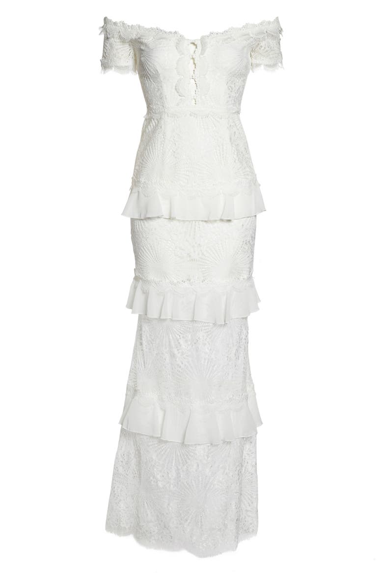 Off the Shoulder Ruffle Tier Mermaid Gown, Alternate, color, IVORY