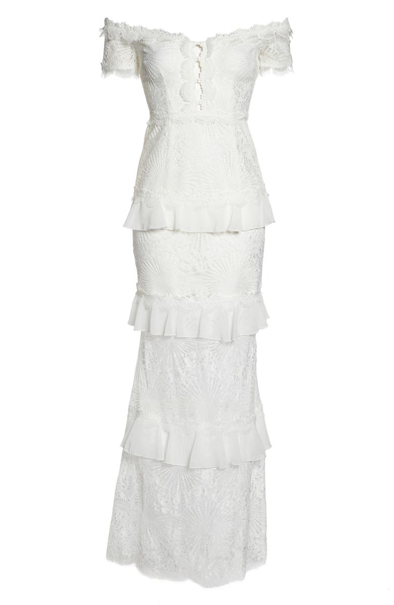 Foxiedox Off the Shoulder Ruffle Tier Mermaid Gown, Alternate, color,