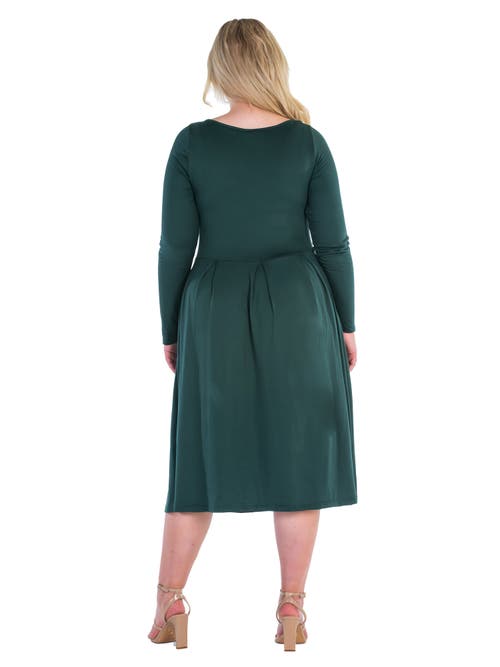 24seven Comfort Apparel Long Sleeve Fit And Flare Midi Dress In Green