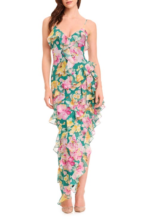 Josefina Metallic Floral Ruffle Detail Gown