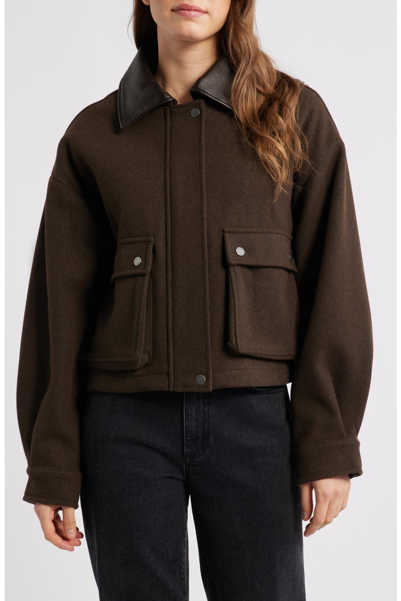 Faux Leather Collar Crop Bomber Jacket, Alternate, color, ESPRESSO
