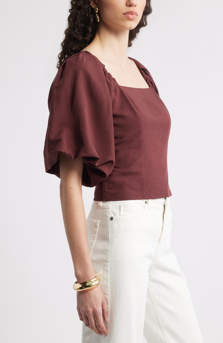 Nordstrom Puff Sleeve Square Neck Top, Alternate, color, Brown Raisin
