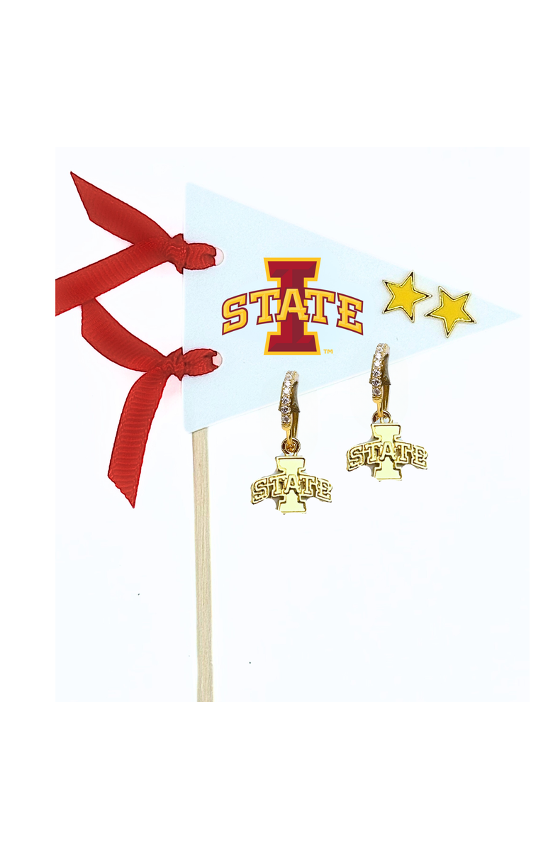 Color Shout Iowa State University Pennant Pair Earring Set, Main, color, Yellow Gold