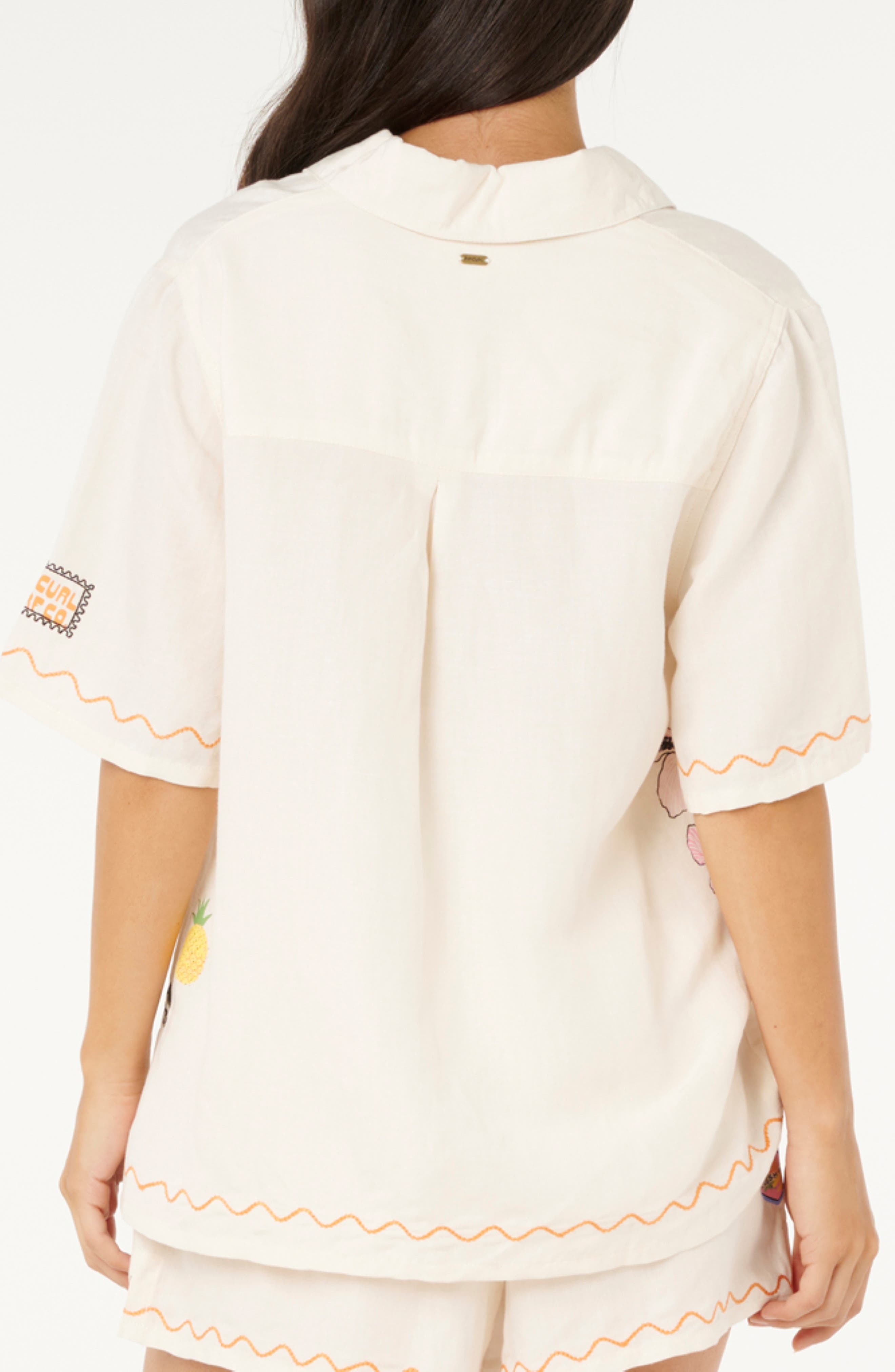 Embroidered Short Sleeve Linen Blend Button-Up Shirt - image 2