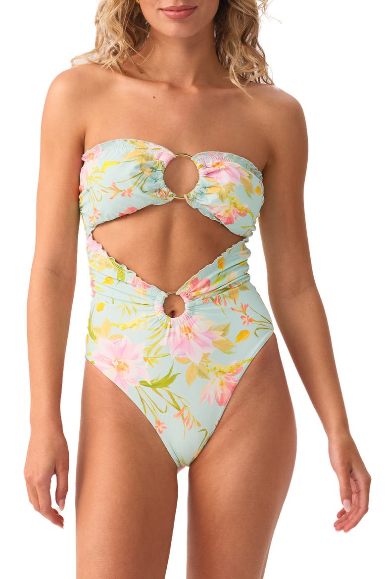 Ring Strapless Lettuce Edge One-Piece Swimsuit, Main, color, PETAL PINK