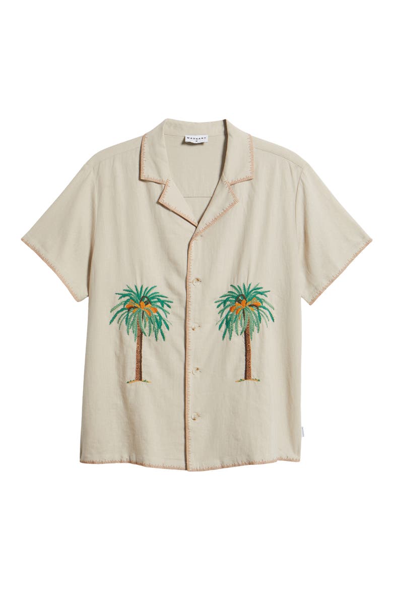 Palm Tree Linen Blend Button-Up Shirt, Alternate, color, BEIGE