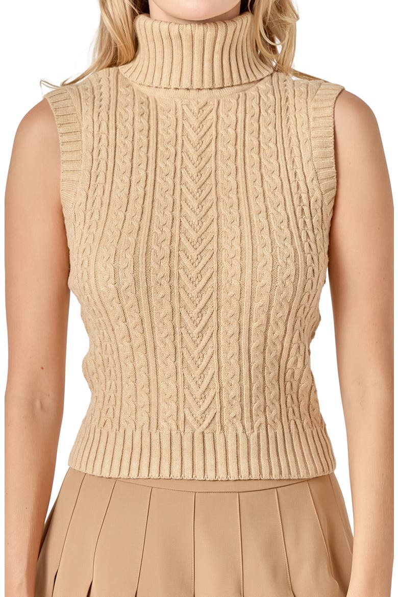 Cable Stitch Sleeveless Turtleneck Sweater, Alternate, color, BEIGE