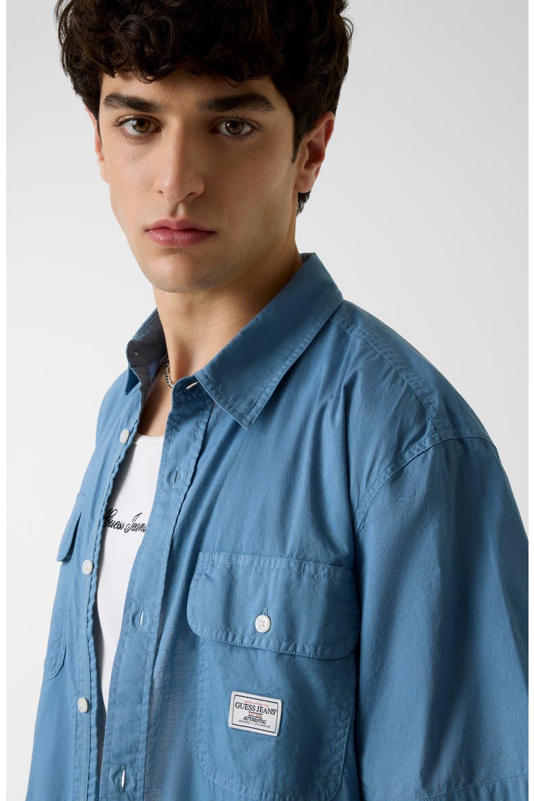 Boxi Crop Short Sleeve Cotton Button-Up Shirt, Alternate, color, BLUE