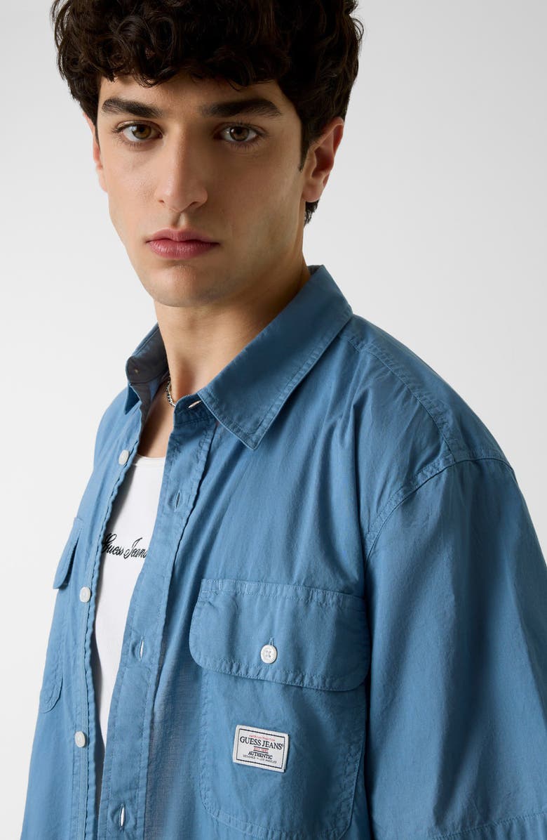 GUESS Boxi Crop Short Sleeve Cotton Button-Up Shirt, Alternate, color,