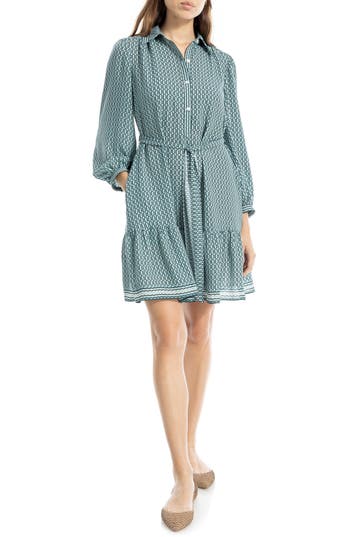 Max Studio Long Sleeve Button Front Crepe Dress In Blue