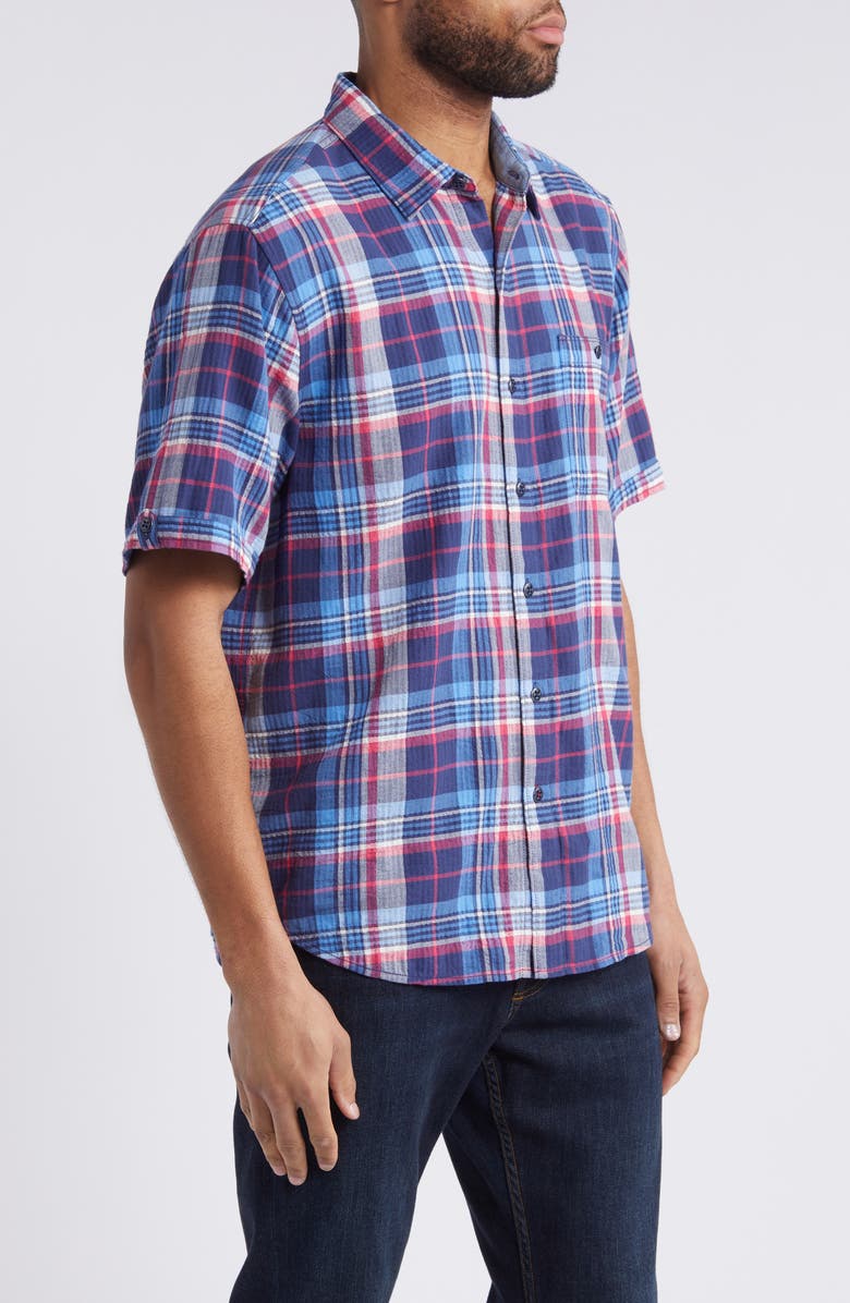Tommy Bahama Beachside Plaid Short Sleeve Stretch Button-Up Shirt, Alternate, color, Island Navy