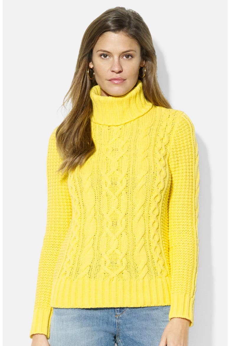 Cable Knit  Cotton Blend Turtleneck Sweater, Main, color, BEACH YELLOW