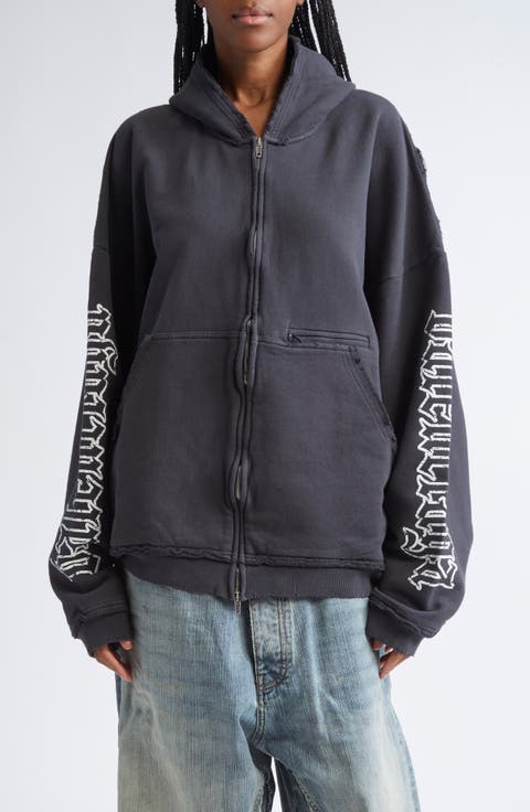Distressed Oversize Logo Sleeve Full Zip Hoodie