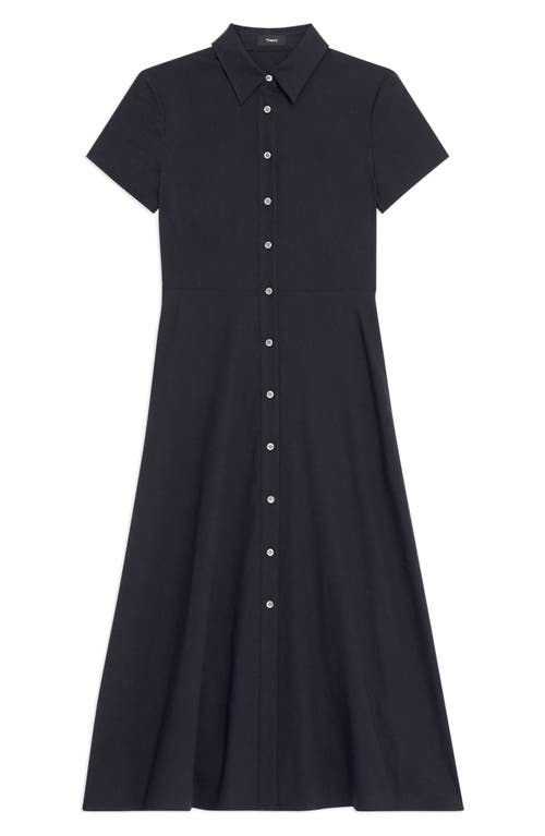 Theory Short Sleeve Linen Blend Midi Shirtdress In Black