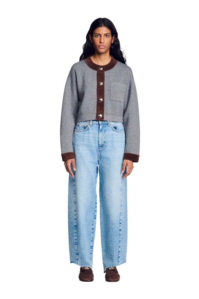 Cardigan with suede panels, Alternate, color, Grey