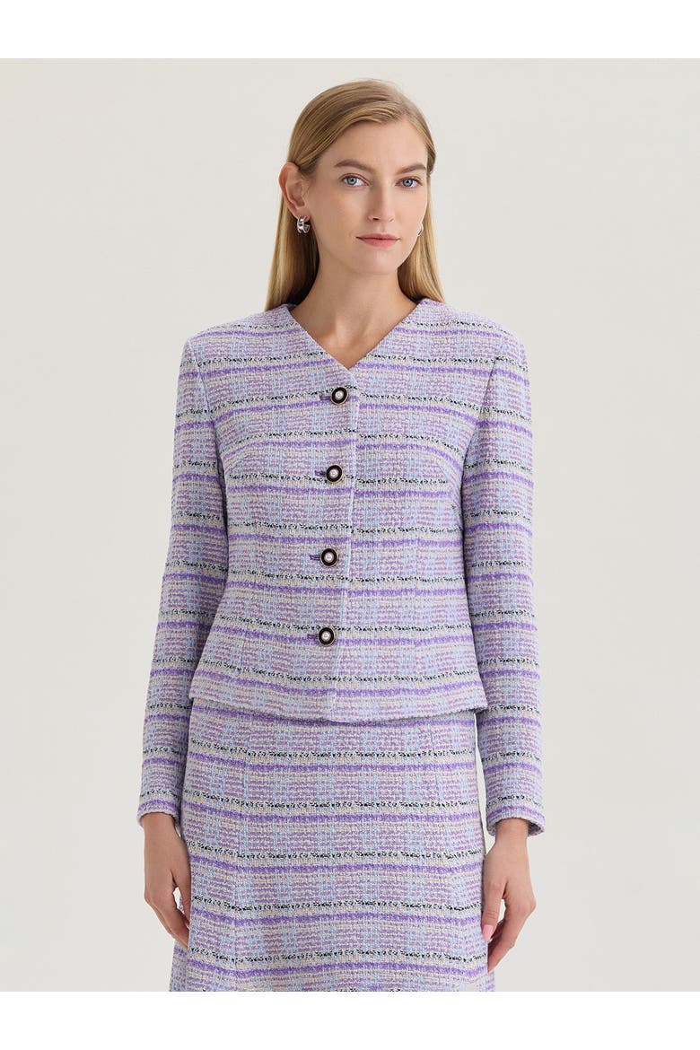 Plaid Tweed Knit Jacket, Alternate, color, Biscotti/Powder Blue/Purple
