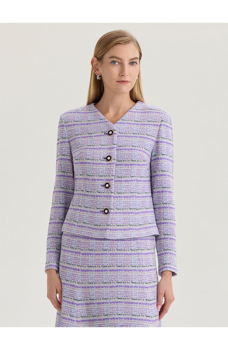 Misook Plaid Tweed Knit Jacket, Main, color, Biscotti/Powder Blue/Purple