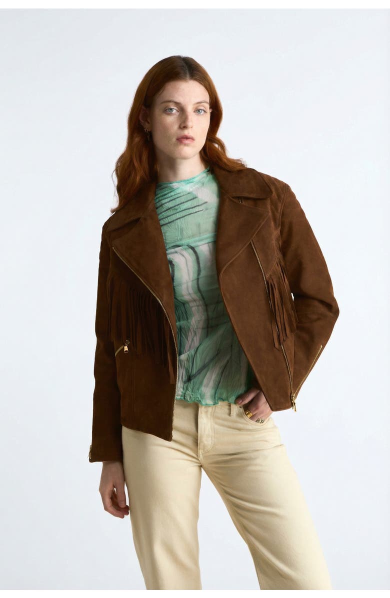 FURNIQ UK Lara Fringe Suede Jacket, Main, color, Chestnut