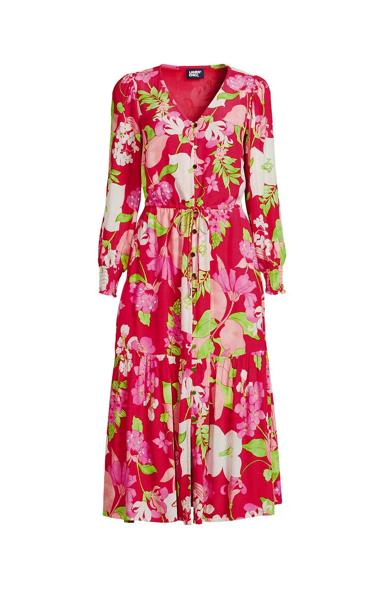 Lands' End Crepe Button Front Long Sleeve Midi Dress, Alternate, color, Berry Rouge Lilies