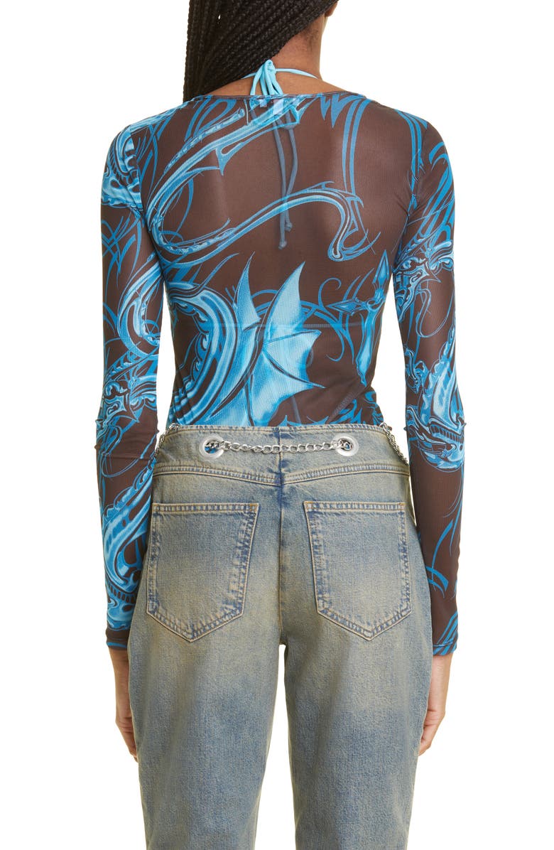 Miaou Tattoo Print Long Sleeve Mesh T-Shirt, Alternate, color,