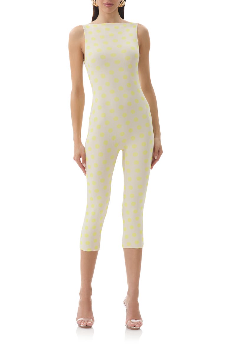 Tahlia Yellow Polka Dot Mesh Capri Romper, Main, color, SUN DOT
