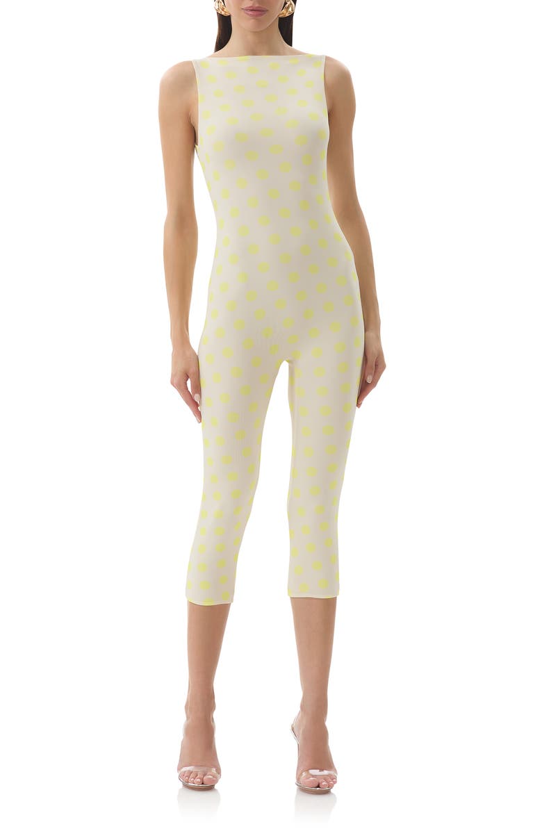 AFRM Tahlia Yellow Polka Dot Mesh Capri Romper, Main, color, Sun Dot