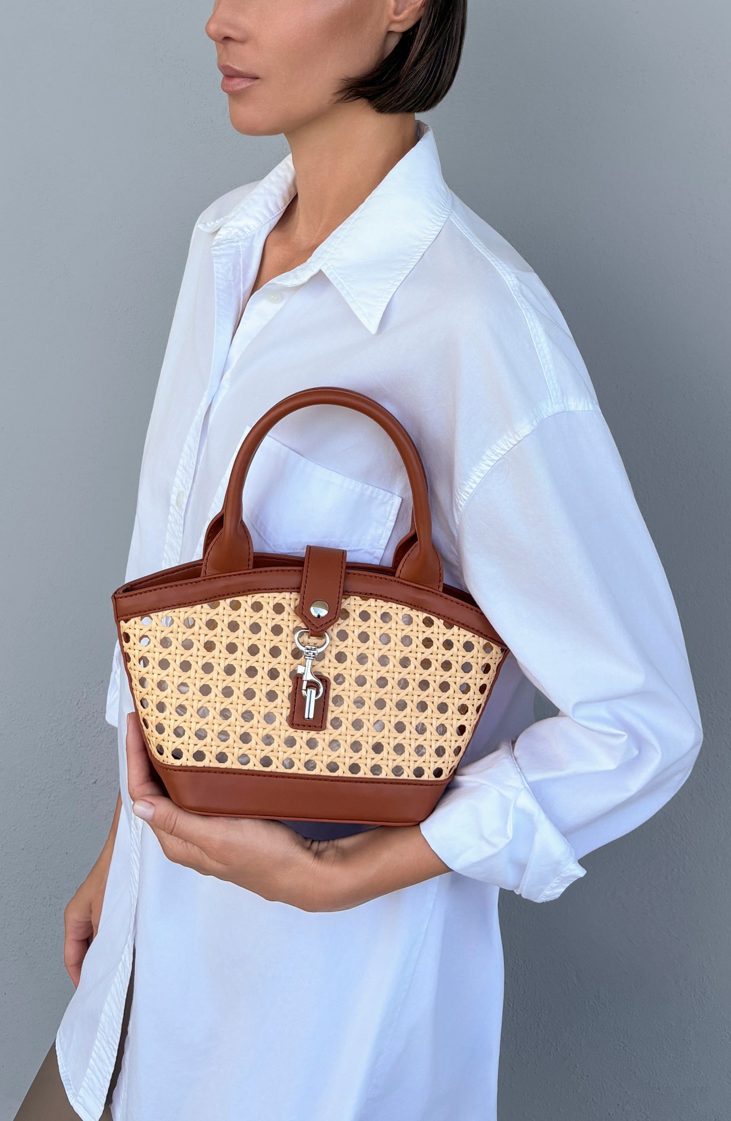 Kane Rattan Faux Leather Shoulder Bag, Alternate, color, BROWN/ TAN