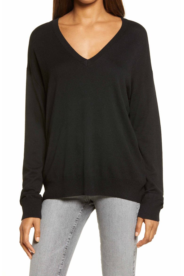 V-Neck Sweater, Main, color, BLACK