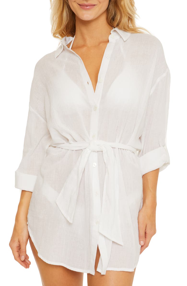 Becca Long Sleeve Tie Waist Cotton Shirtdress, Main, color, 